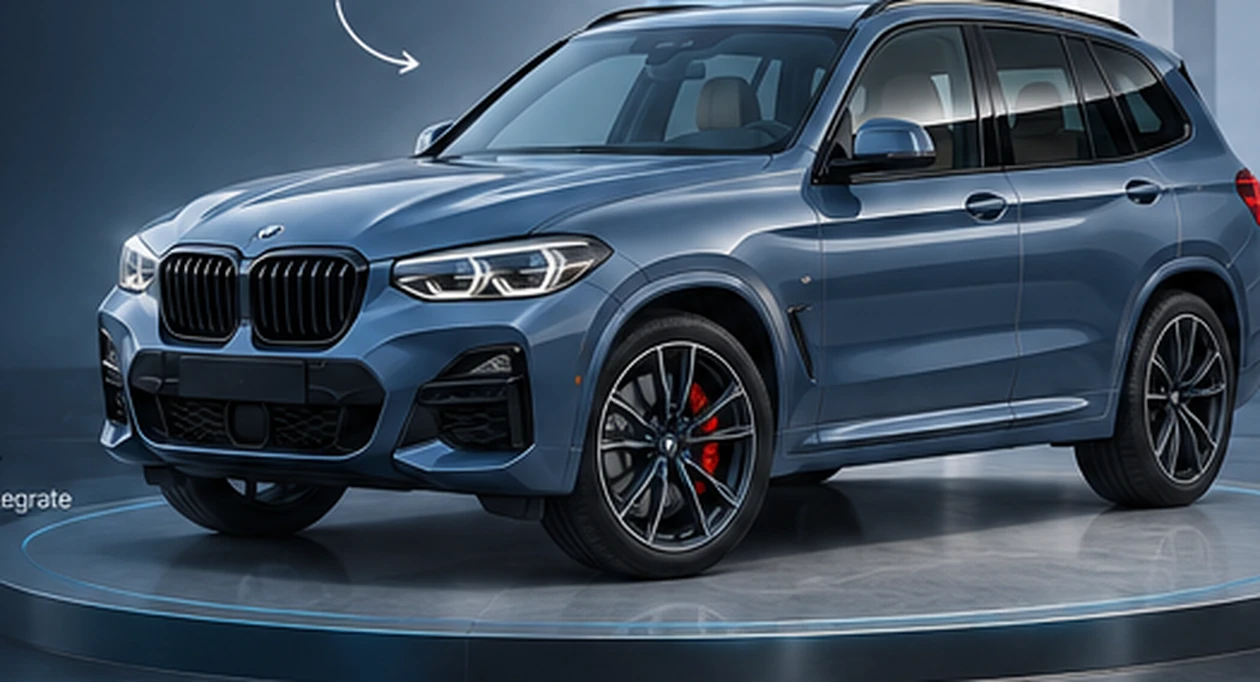 Concept visualization of a blue luxury SUV inside a 3D product configurator showroom