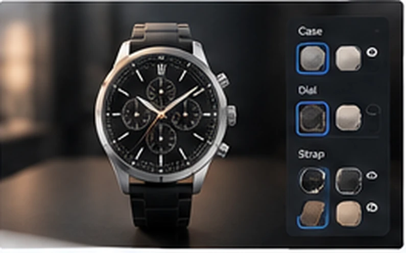 Generated conceptual UI render showing a watch configurator product configurator